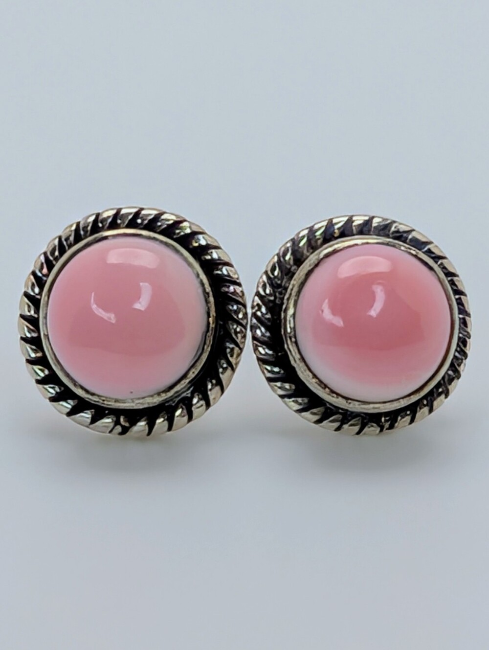 Pink Conch S925 Sterling Silver Gemstone Round Stud Earrings